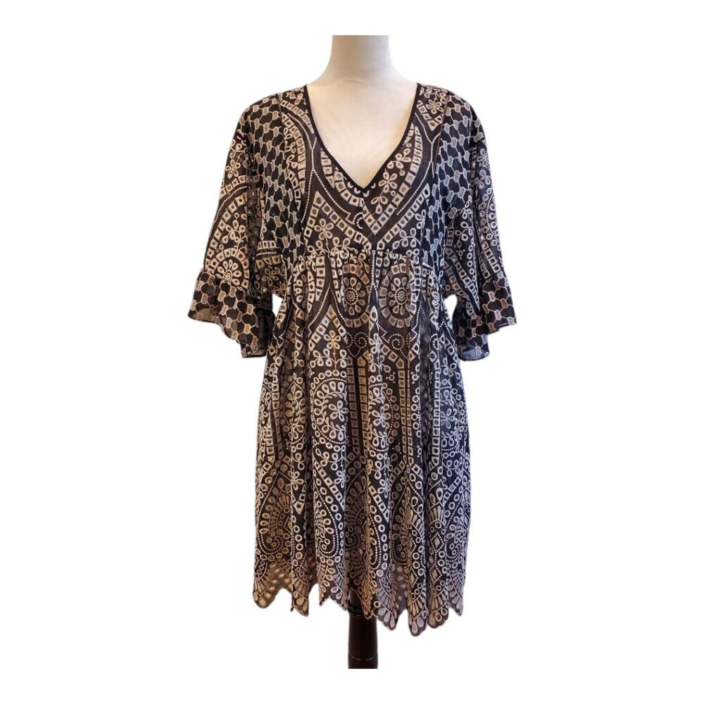 ANTHROPOLOGIE AKEMI & KIN Babydoll Dress Black Floral Eyelet Embroidered